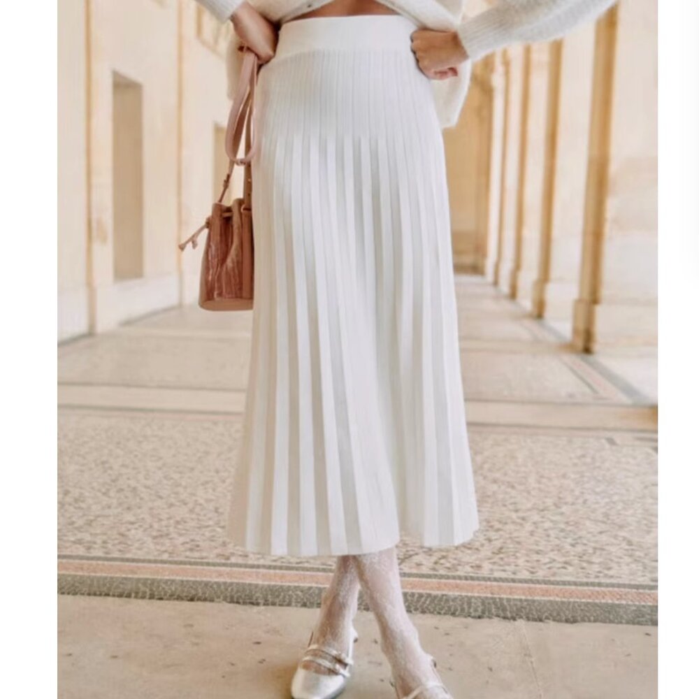 BEST Sezane Leonine Knit Midi Skirt Small Ecru Ivory Off White French Stretchy - Picture 4 of 11